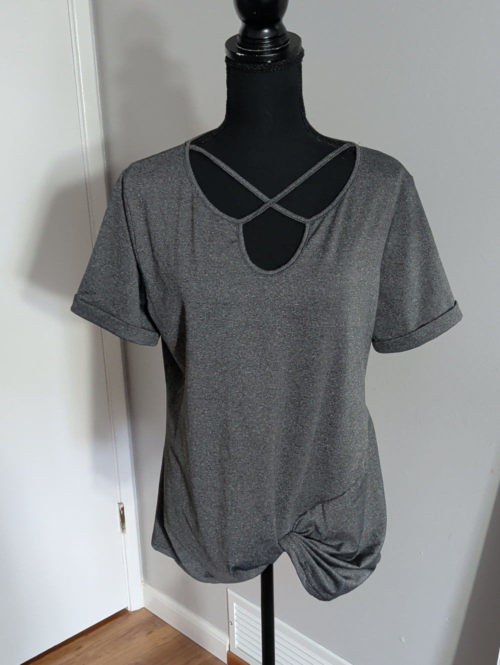 Women’s Gray Short Sleeve Crisscross Neck Tee